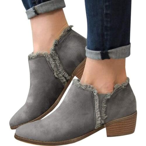 2020 Retro Suede Boots Women Ankle Boots Tassel Side Checked Back Zipper Chunky Heel Ladies Shoes Round Toe Low Heel Female Boot