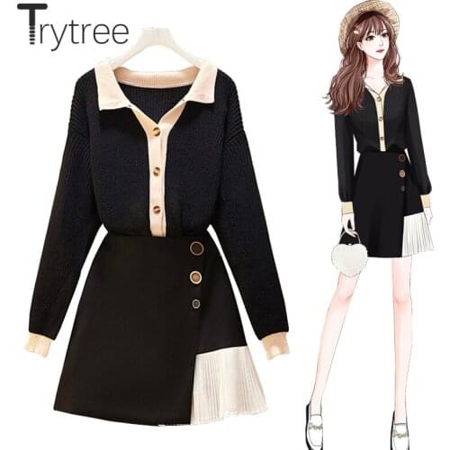 Trytree 2020 Spring Autumn Two Piece Women Sets Casual Single-breasted Knitted Sweater + Mini Skirt Patchwork Pleat 2 Piece Set