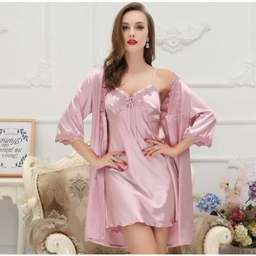 Sexy Women Robe & Gown Sets Summer Silk Lace 2 Pcs Sleep Dress+Robe Sleepwear Female Satin Night Gown Nightdress Home Wear