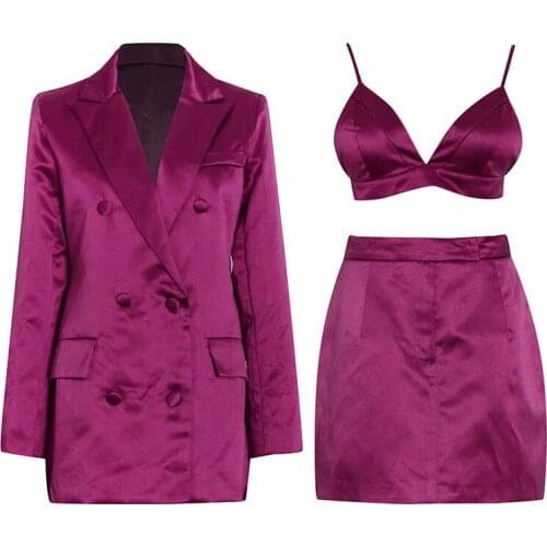 FABPOP 2021 Casual Three Piece Set Women V Neck Sleeveless Vest Lapel Long Sleeve Blazer Mini Skirts Purple Suits Female GC209