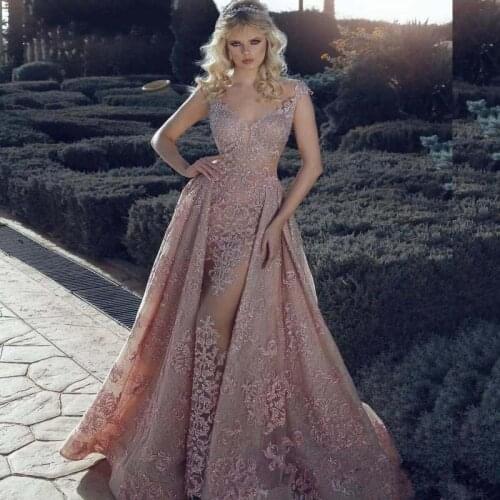 Glamorous Illusion Mermaid Prom Dresses Overskirt V Neck Lace Appliques Beads Celebrity Evening Dress Long Formal Party Wear
