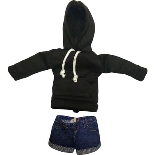 1/6 Female Body Action Figure Clothes, Black Long Sleeved Hoodie + Denim Mini Shorts for 12" Girl Dolls