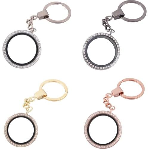 10pcs/lot 30mm Alloy Crystal Round Alloy Memory Living Glass Key Ring Keychains Locket Fit for Floating charms Jewelry
