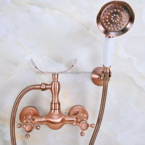 Antique Red Copper Bathroom Shower Faucet Mixer Tap With Hand Shower Head Shower Faucet Set Wall Mounted Nna345