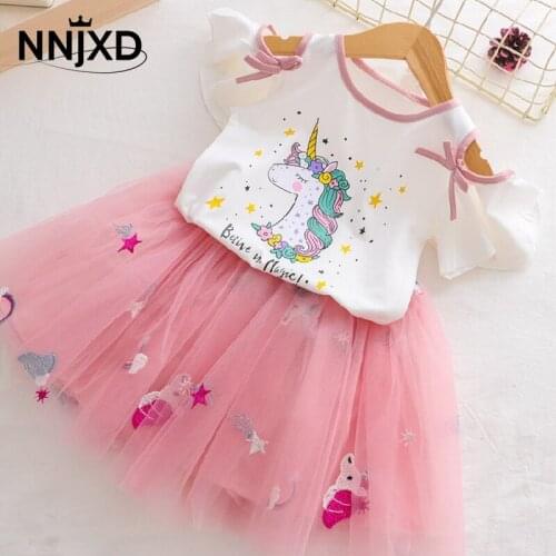Little Girls Ball Gown Cartoon Unicorn Top and Dress 2pcs Lovely Toddler Girl Birthday Party Events Dress Children Clothing