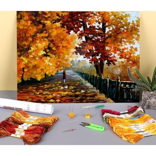 Blues Falling Leafs Printed Water-Soluble Canvas 11CT Cross-Stitch DIY Embroidery Full Kit DMC Threads Craft Different