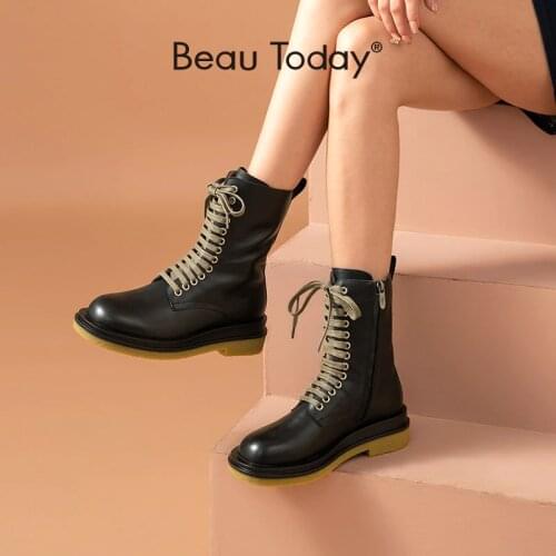 BeauToday Mid-Calf Boots Women Genuine Cow Leather Side Zip Lace Up Female Platform Lady Autumn Winter Shoes Handmade 03517