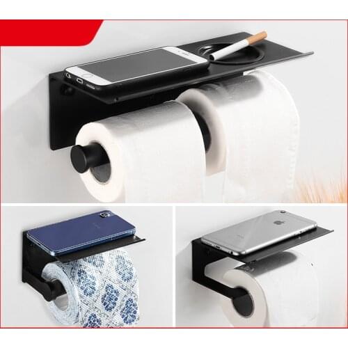 Toilet Paper Holder with Shelf Black Wall Mounted Mobile Phone Paper Towel Holder Decorative Bathroom Roll Paper Holder Creative