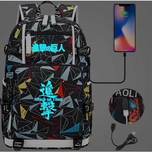 New Luminous Attack On Titan Prints Boys Girls Kids School bag Women USB Laptop Backpack Canvas Men Bagpack Packsack Bookbag