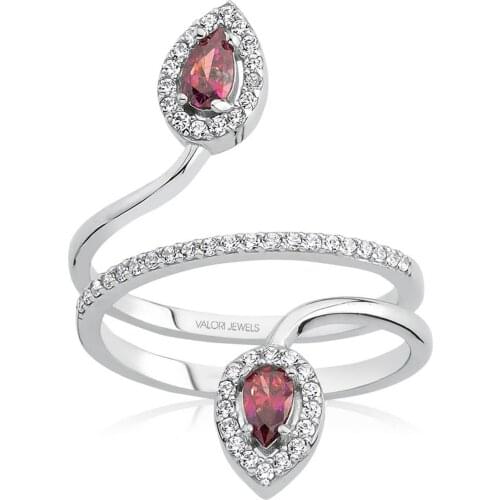 Valori Jewels 0.40 Carat, Zirconia Red And White Pear Gemstone, Rhodium Plated, Sterling Silver Ring