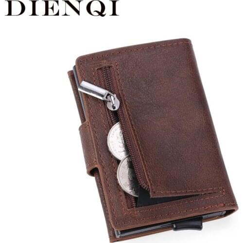 DIENQI Rfid Blocking Card Holder Men Wallets Slim Thin Leather Metal Magic Smart Wallet Male Coin Purse Coffee Wallets for men