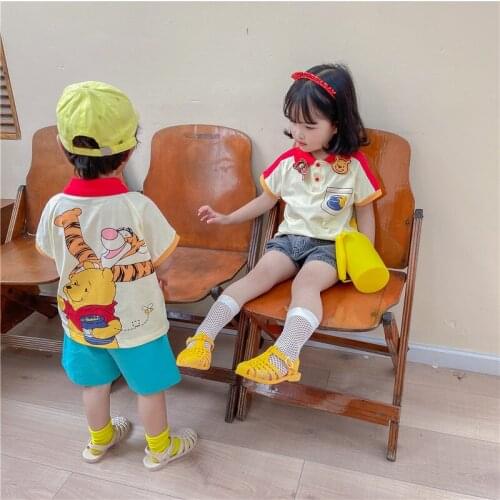 Summer New Kids T Shirts 2-7 Years Baby Boys Girls Lapel Cartoon Short Sleeve T-shirts Toddler Childrens Cotton Fashion Tops
