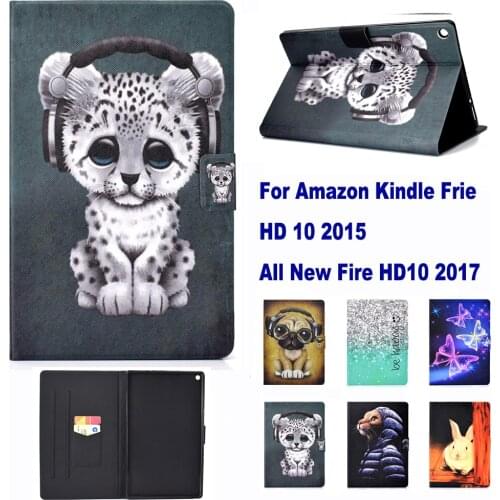 Fashion Pattern Stand Card Slot Case For Amazon Kindle Fire All new Fire HD10 2015 2017 Case Cat Dog Rabbit case coque para capa