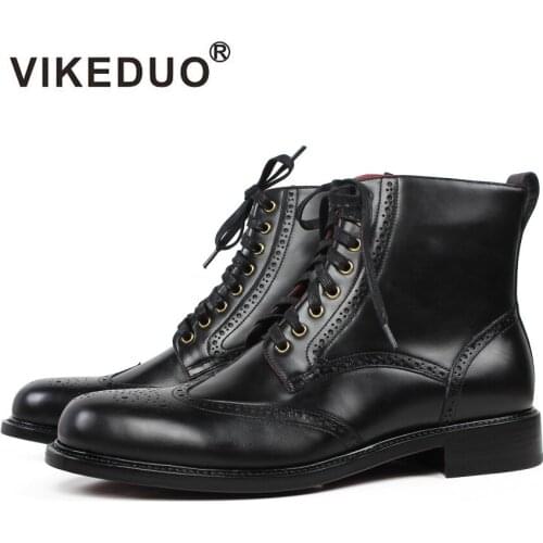 VIKEDUO 2020 Autumn New Ankle Boots Men Black Lace-up Full Brogue Motorcycle Boot Genuine Calf Leather Patina Blake Botas Hombre