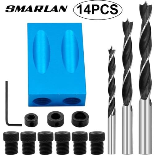 SMARLAN 14pcs Oblique Hole Locator Drill Bit Woodworking Pocket Hole Jig Kit Angle Drill Guide Set Hole Punch DIY Carpentry Tool