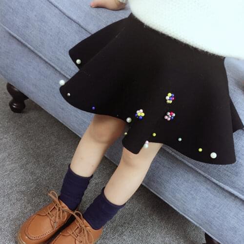 2021 New Girls Black Skirt Children Fall and Winter Kids Clothing Girls Fashion Casual Knit Skirt With Flower Pearl High Waist