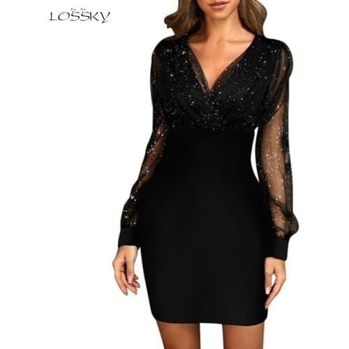 Autumn Dress Fashion Black Elegant Ladies Mesh Sequin Glitter Dresses For Women Party Night Club Clothes New Arrival 2021 Fall