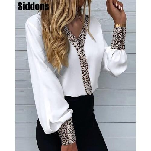 Casual Women Leopard Print Colorblock Long Lantern Sleeve Blouse V Neck Workwear Shirts White Top