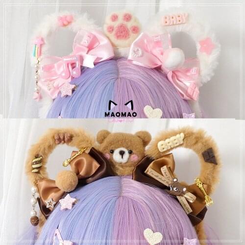 Handmade Japanese Sweet Lolita Plush Bear Ears Bow Hair Band Hair Accessories Kawaii Girl Korean Cosplay KC Headband Hair hoop