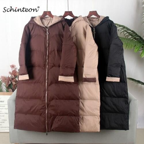 Schinteon New Korean Style Baseball Down Jacket with hood Coat Loose Winter Long Outwear 90% White Duck Down Coat Over Size