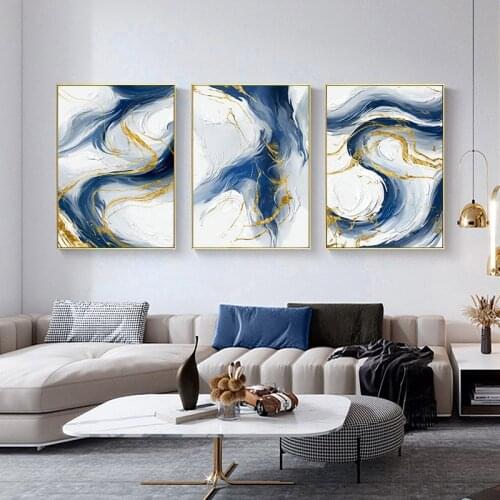 Nordic Minimalism Abstract Blue Gold Canvas Painting Wall Art Nordic Posters and Prints Wall Pictures for Living Room Decoration