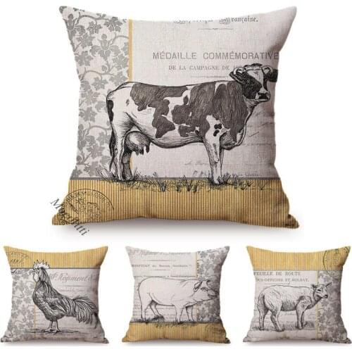 Vintage Farm Poster Design Throw Pillow Cases Cow Cock Pig Rural Animal Style Decoration Square Cushions Cover Car Sofa Cojines