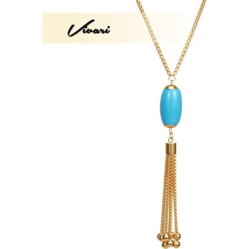 Vivari 2018 Trendy Rose Gold Color Necklace Women Stainless Steel Blue Bead Long Necklace Display Jewelry Charm Tassel Decor