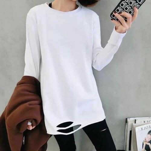 Women Autumn Long Sleeve O Neck Solid Color Ripped Hole Loose Blouse T-shirt