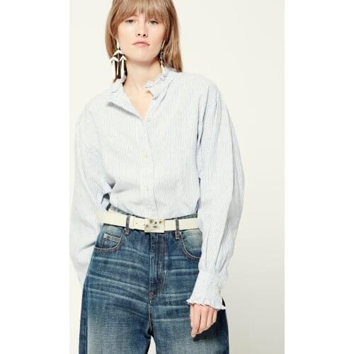 Women Shirt 2021 French autumn new style small stand-up collar striped shirt fashion long-sleeved ruffled shirt top women
