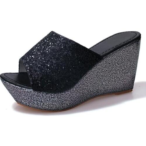 2021 Sequined Wedge Slippers Female Muffin thick-soled Sandals Slippers high-heeled Casual non-slip Shoes
