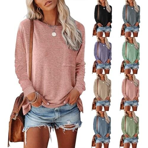 European and American womens fall/winter 2021 round neck pocket split long-sleeved casual harajuku loose top T-shirt plus size