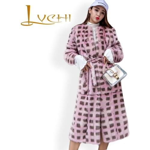 LVCHI 2019 Coat Winter Female Mink Fur Pink Lattice pattern Real Fur Long Sashes Wide-waisted Real Fur Commute Loose woman coat