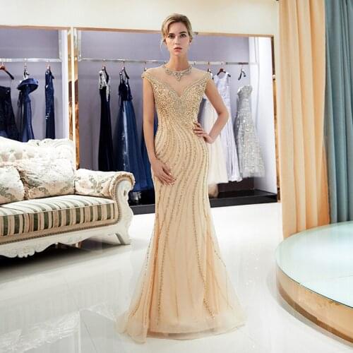 Vintage Mermaid Evening Dresses Cap Sleeves 2019 Gold Gray Color Robes De Soiree O-neck Major Beading Formal Evening Party Gowns