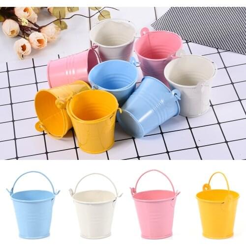 12PCs Colorful Mini Bucket Home Office Desks Flower Pot Decoration Small Iron Planter Candy Packaging Box DIY Supplies