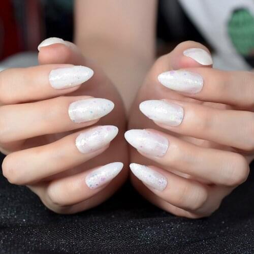 24pcs creamy-white Fake Nail Art Kit with Glitter Simple Design Pre-designed Nail Medium Sharp Stiletto Full Nail Tips Z952