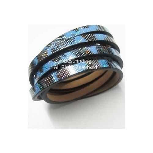 5mm Blue Glitter leopard leather cord Flat 5x2mm PU leather cord
