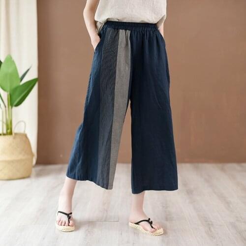 Women Cotton Linen Elastic Waist Wide Leg Pants 2019 Summer Calf Length WIde Leg Trousers Female Spliced Patchwork Pants Vintage