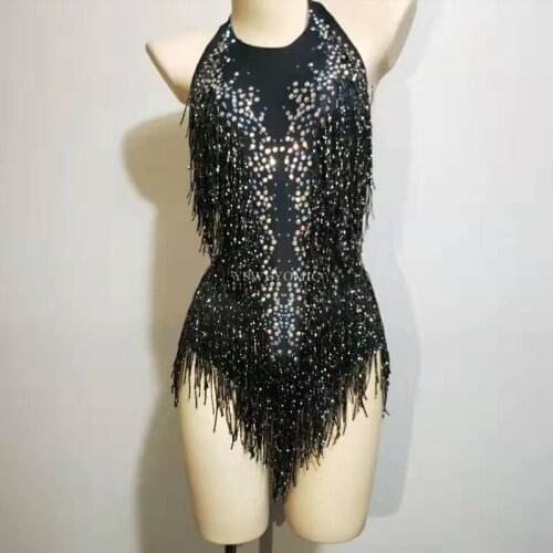 White Black ColorRhinestones Sparkly Bodysuit with Tassels Dance Costume One-piece Bodysuit Birthday Outfit Party Leggings