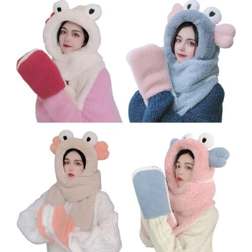 Women Winter Warm 3 In 1 Fuzzy Plush Hooded Scarf Hat Gloves Set Cartoon Big Eyes Ears Windproof Earflap Cap Mittens