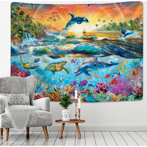 Beautiful underwater world psychedelic scene home decor tapestry bohemian decor hippie bedroom bed sheet dolphin sofa blanket