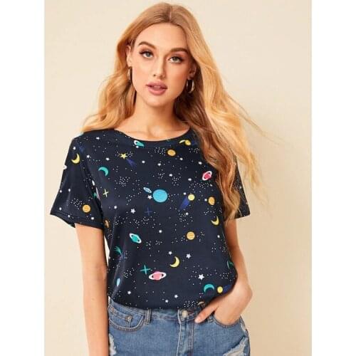 Starry Sky Print Summer Women T Shirt Fashion O-Neck Top Tee Women Casual Tshirt Short Sleeve Top Women Clothes S