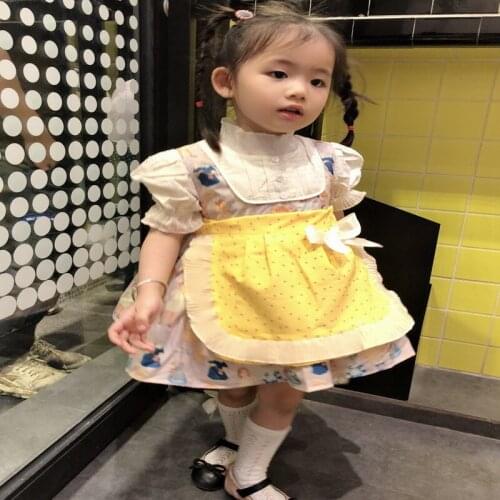 2021 Hot Sale New Summer Kids Girls Dress Yellow Patchwork Cartoon Print Princess Dresses Lolita Style Preschool Clothes E1231