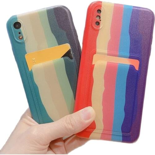 Fashion Rainbow Stripe Credit Card Phone Cases For iPhone 12/11 ProMax XR XSMax 8 7 Plus Matte Soft TPU Cover Hoesjes With Slots