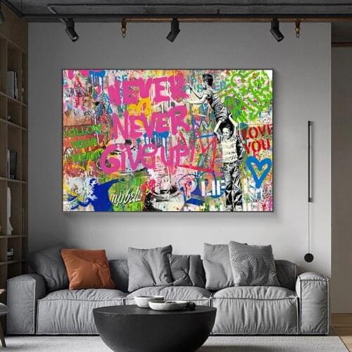 Never Give Up Motivational Canvas Painting Street Graffiti Art Posters and Print Abstract Wall Art Picture for Living Room Decor