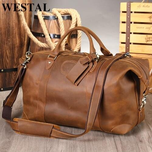 WESTAL Mens Travel Bag Personalised Handmade Duffle Bags Crazy Horse Leather Weekend/Overnight Bag Business Luggage Handbags