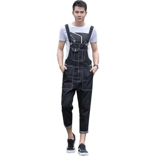Big Size Denim Overalls Black Jeans Men Casual 3/4 Calf-Length Pants Loose Baggy Suspenders Trousers Man Clothes