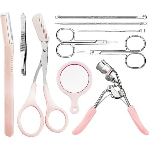 10-in-1 Eyebrow Shaping Set Scissors Eyelash Curler Acne Needle Eyebrow Comb Scissors Makeup Tool Set