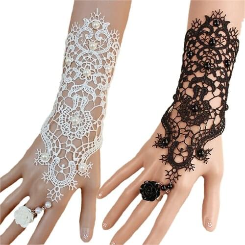 NEW 1pc Women Rose Beads Flower Lace Glove Goth Style Adjustable With Ring Long Bracelet Women Accessories