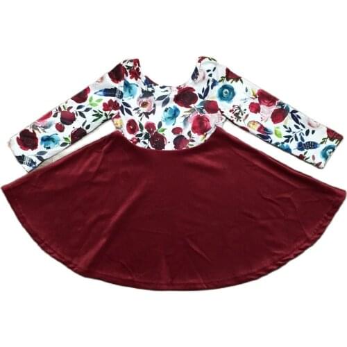Girlymax Fall/winter Baby Girls Kids Clothing Velvet Milk Silk Twirl Dress Knee Length Wine Floral Flower Long Sleeve