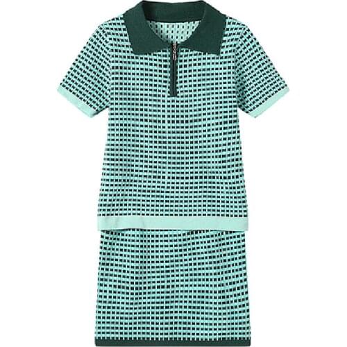 PERHAPS U Green Turn Down Collar Bow Short Sleeve Knitted Mini Skirt Plaid Set Women 2 Two Pieces Elegant Chic T0002